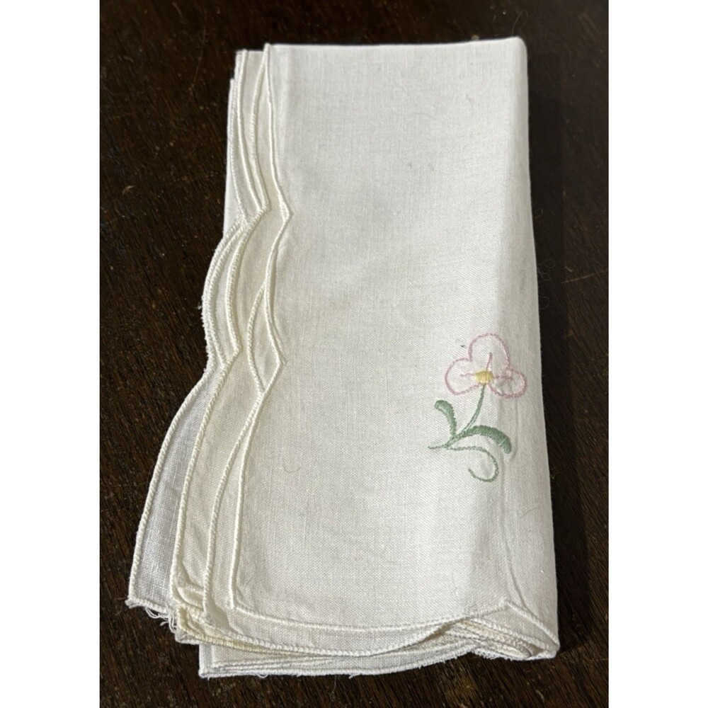 Vintage (Set 2) Hand Embroidered Cotton Napkins Floral Pink Green 16.5 in READ